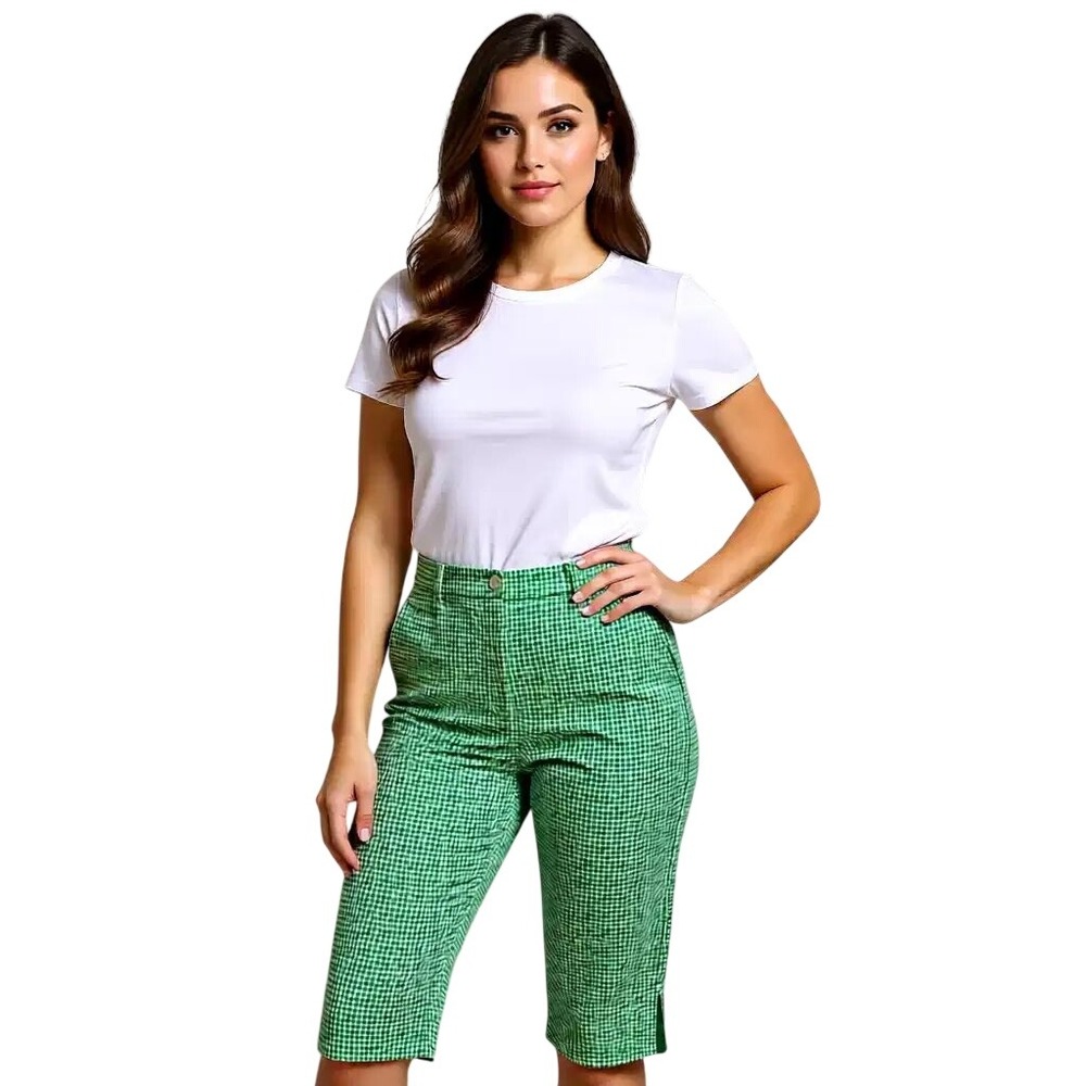Talbots Perfect Skimmer Green Gingham Plaid Cropped Pants Womens 14 Mid‎ Rise